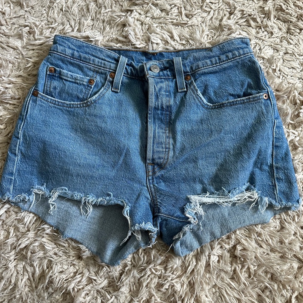 Levi's Blue High-Waisted Jean Shorts Distressed